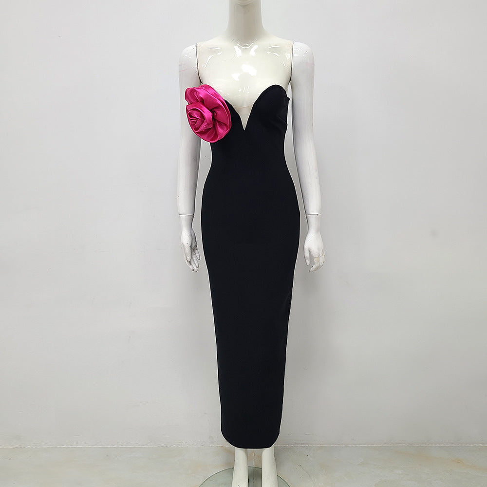 Black 3D Flower Sleeveless Tube Top Backless Slim Bandage Dress