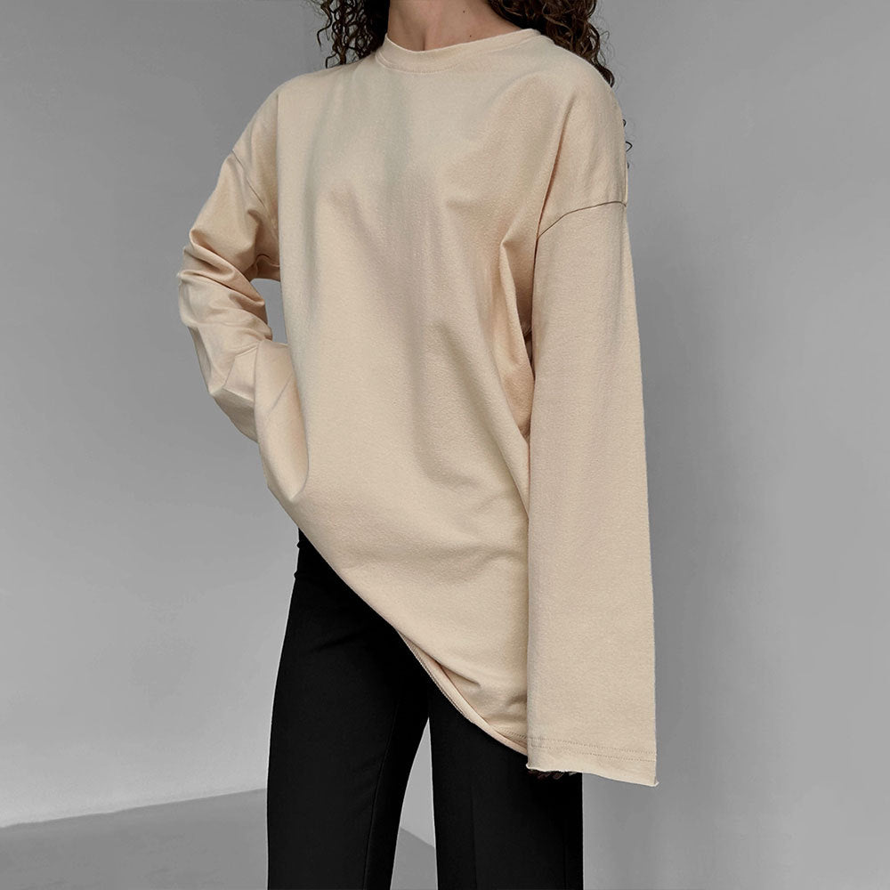 Women's cotton T-shirt spring and autumn loose solid color Oversize round neck long sleeve loose top