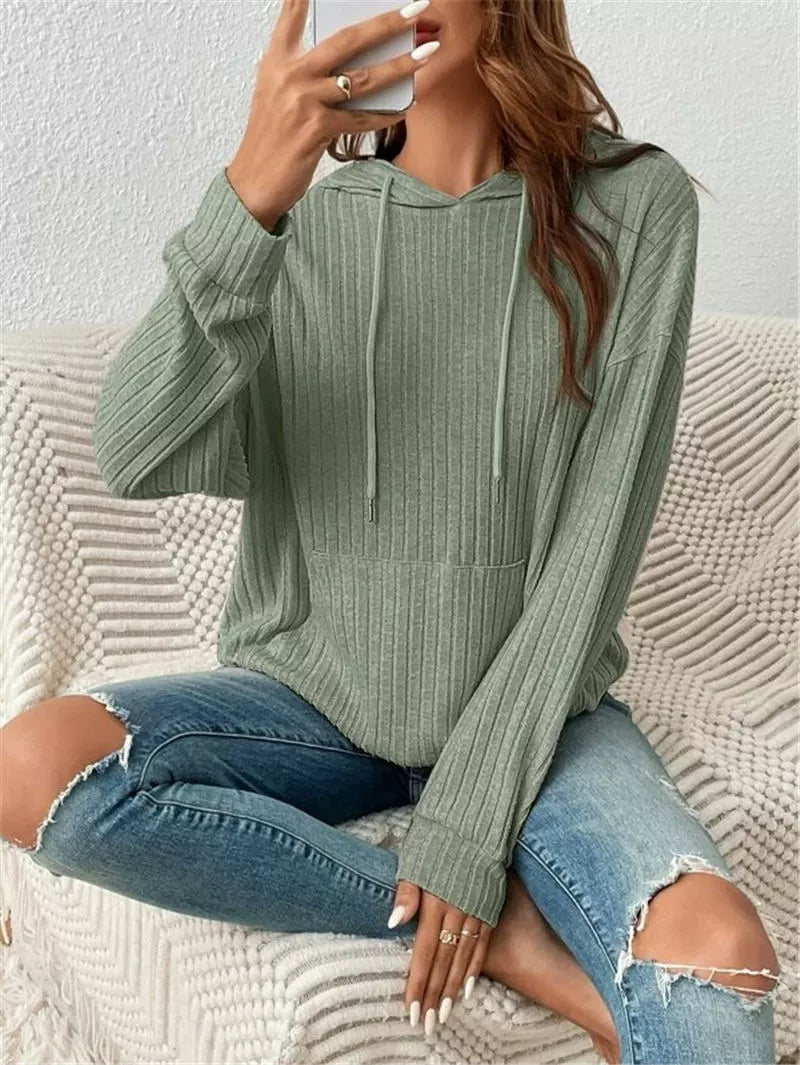 Autumn women tops hooded sunken stripe pocket sweatshirt