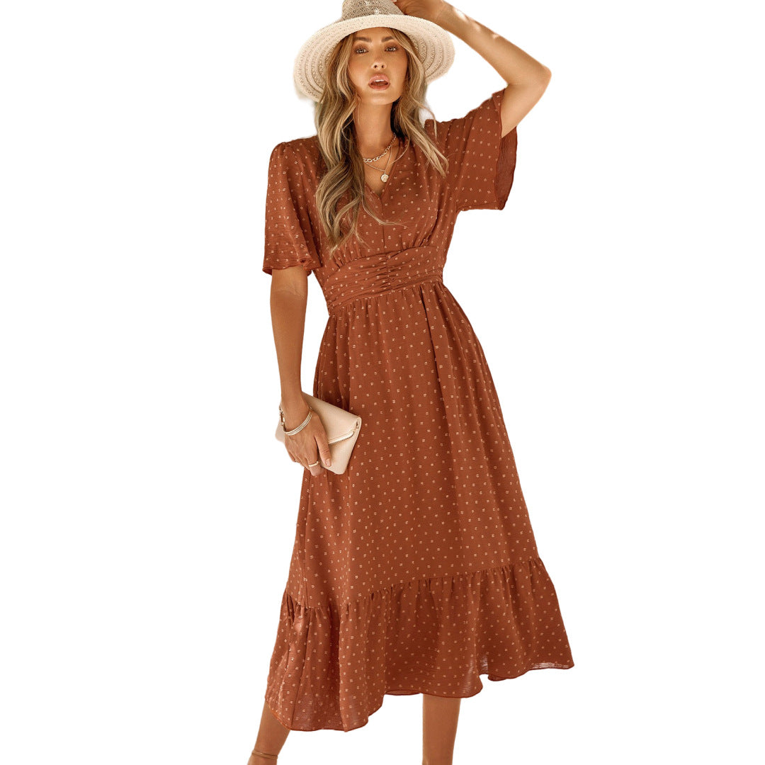 Women's summer new V-neck lotus leaf sleeve solid color hairball dress