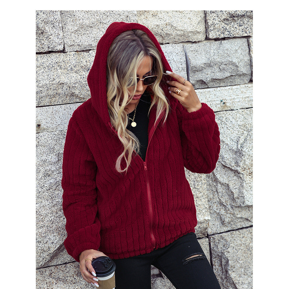 Autumn winter women's wear hooded long sleeve loose sunken stripe zipper double-sided velvet casual jacket