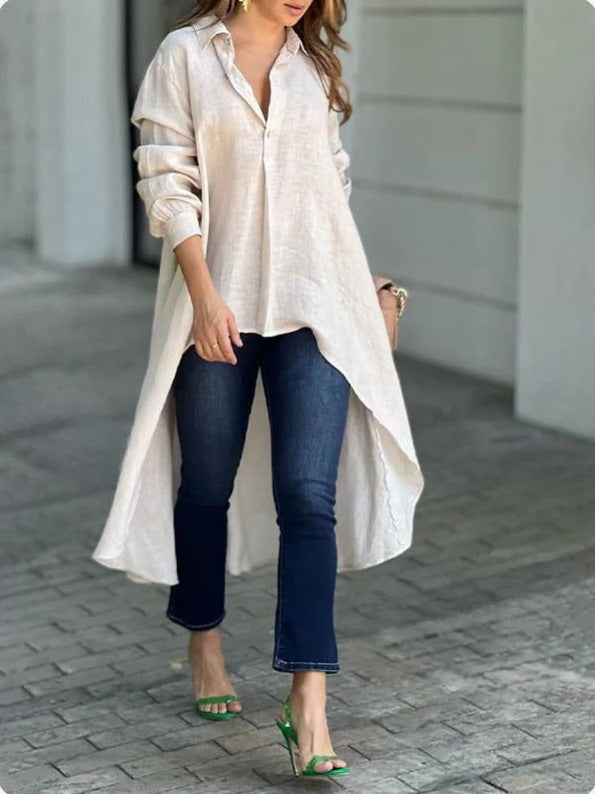 Autumn women's top elegant long sleeve fashion solid color loose lapels shirt Women