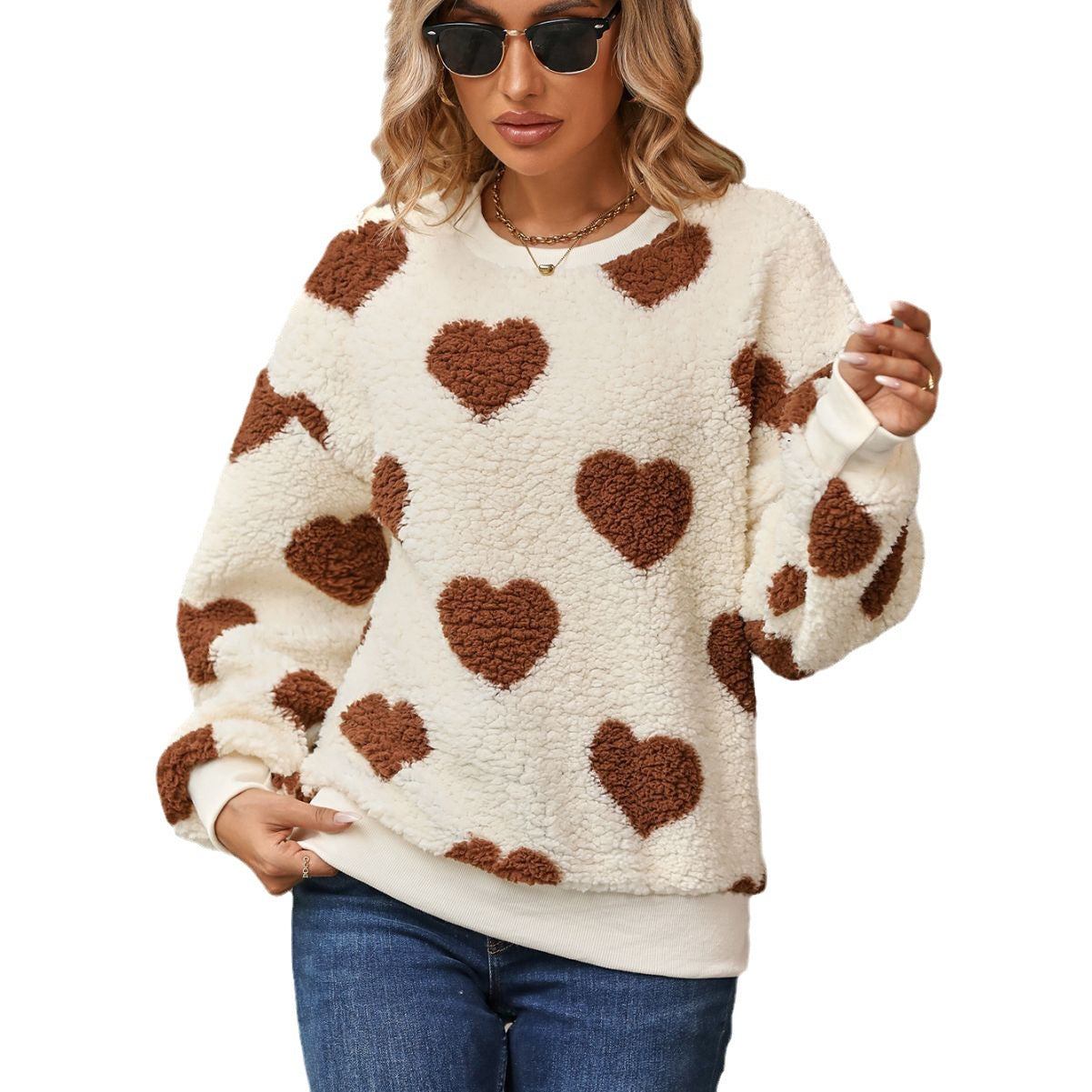 Autumn and Winter new plush loving heart printed loose long sleeves crew neck pullover sweatshirt