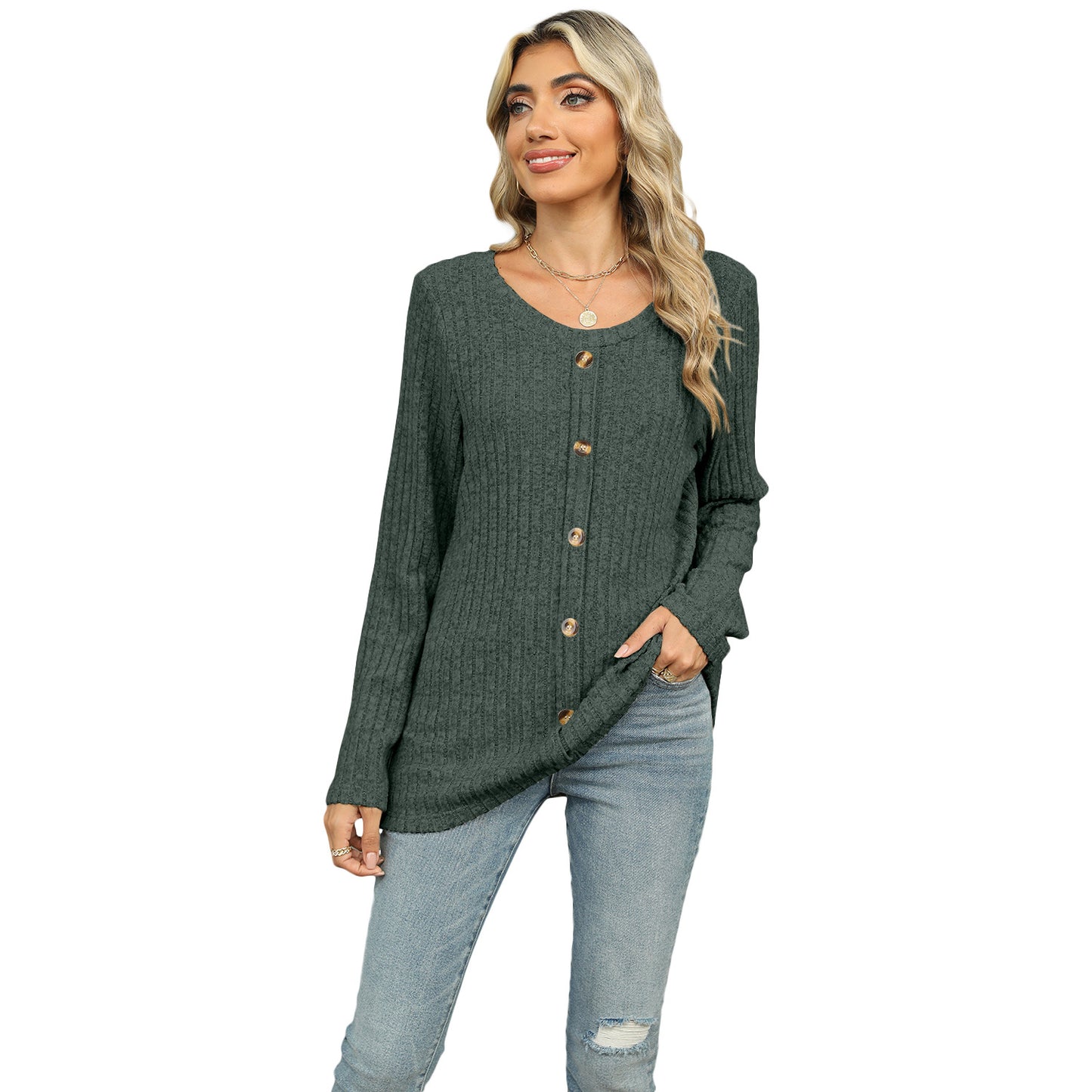 Spring and Autumn single-breasted round neck long-sleeved T-shirt loose top women's pullover sweater