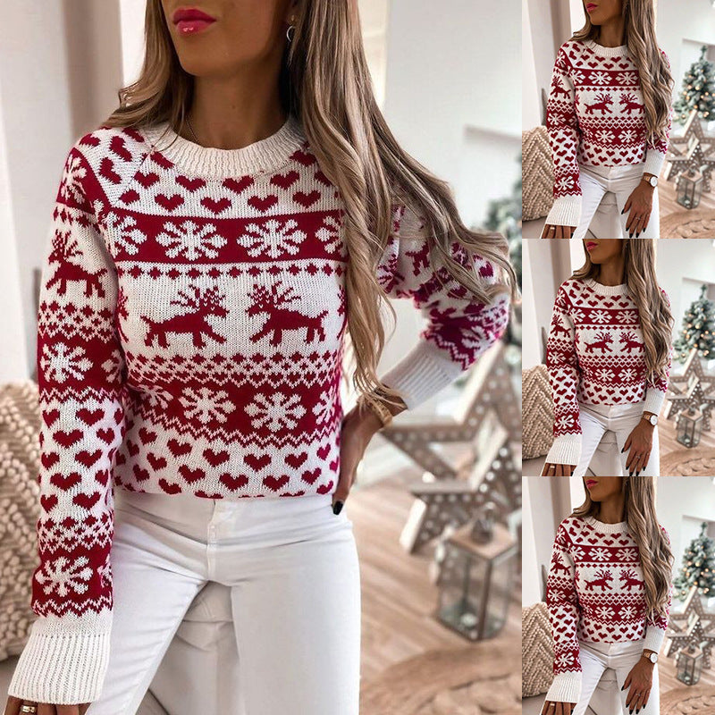 Women's new Christmas elk sweater long sleeve round neck knit sweater