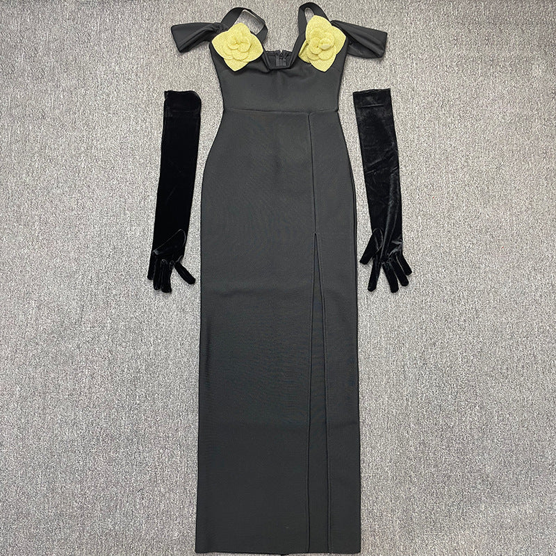 New bandage women's sexy low-cut three-dimensional flower elegant dress black gloves bandage one-piece dress