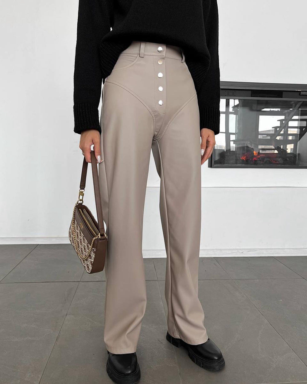 Autumn and Winter high waist leather stitching trousers for women casual straight pants leather pants