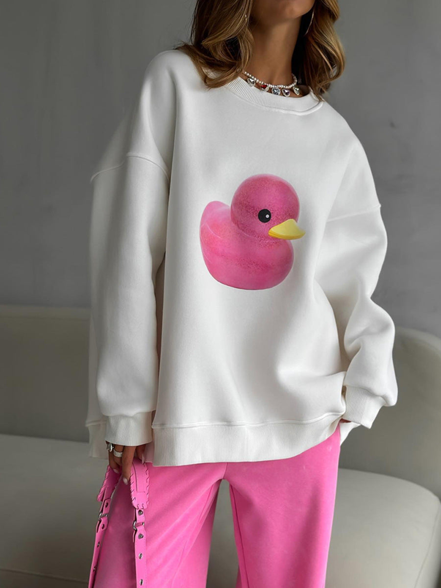 Duck pattern round neck sweater women's simple casual loose printed sweater