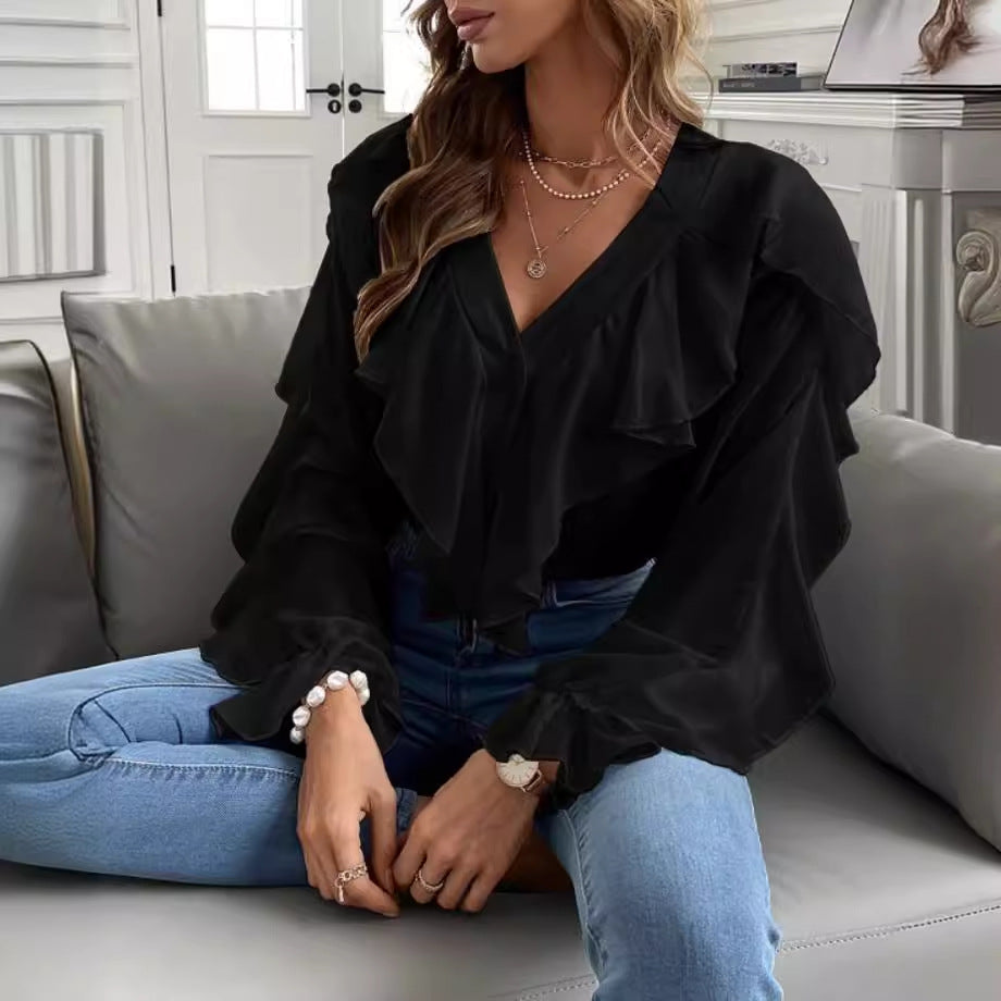 Spring and Autumn women's V-neck flounce top shirt long sleeve