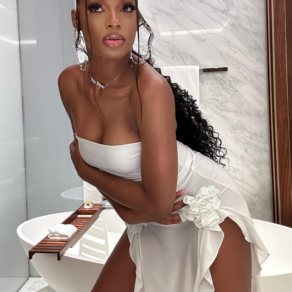 Women Sexy Dress Strapless Backless Slit White Dresses