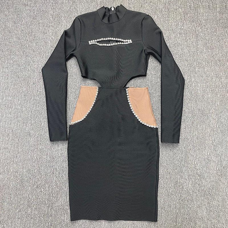 Bandage women's round neck long sleeve sexy cutout diamond color matching tight bandage one-piece dress evening dress