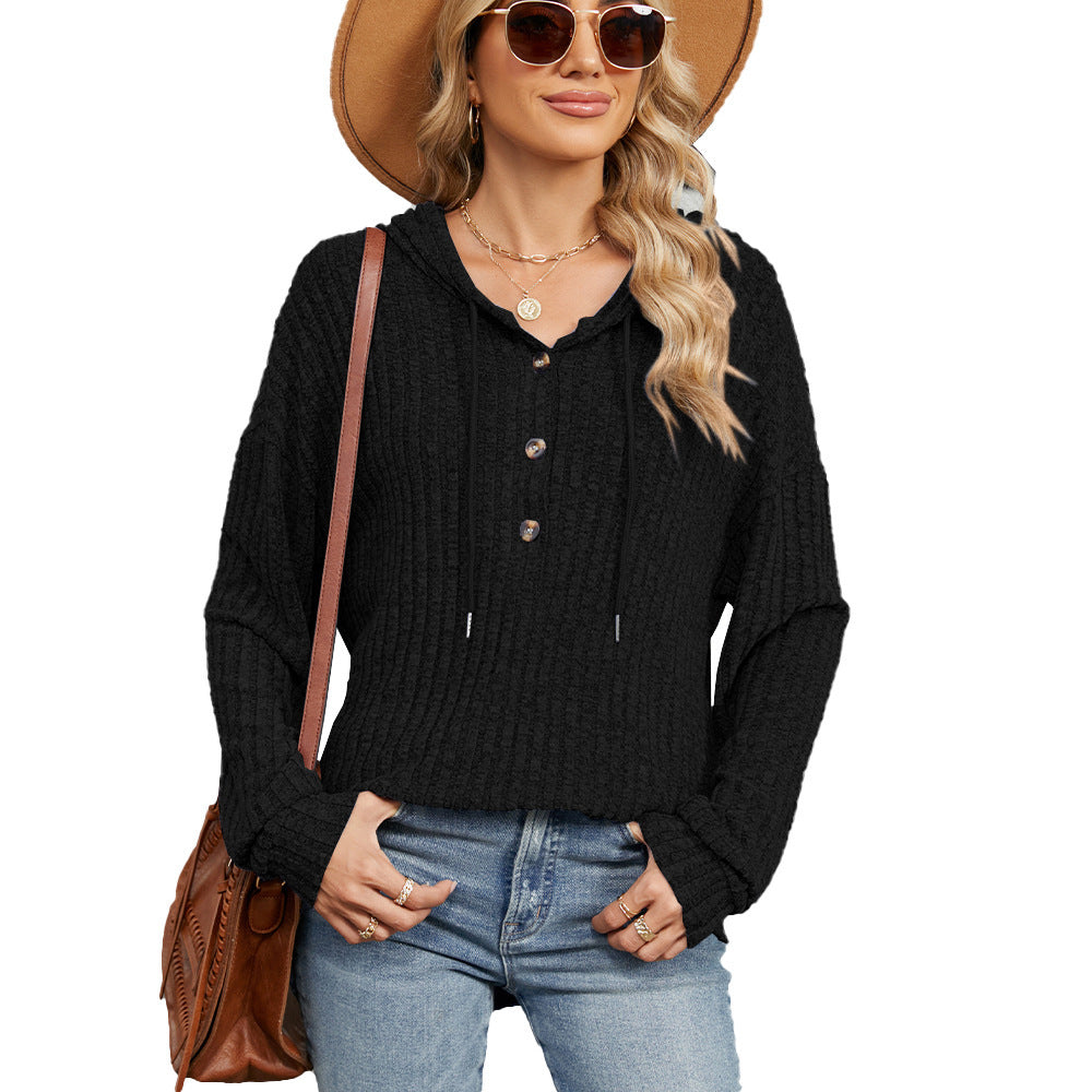 Autumn and Winter new solid color hooded button loose long sleeve sweatershirt women's clothing