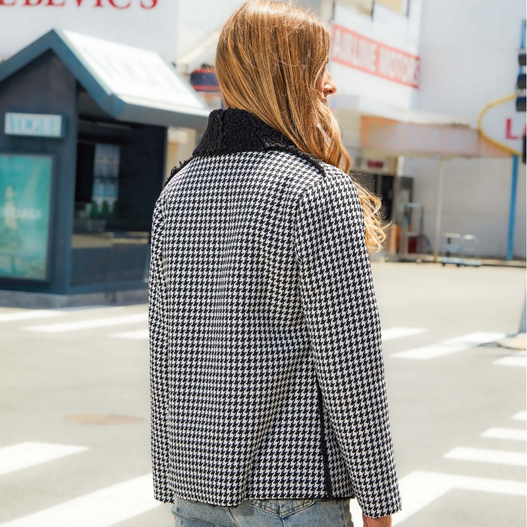 Autumn and winter women's cardigan long sleeve lapel houndstooth composite plush coat female