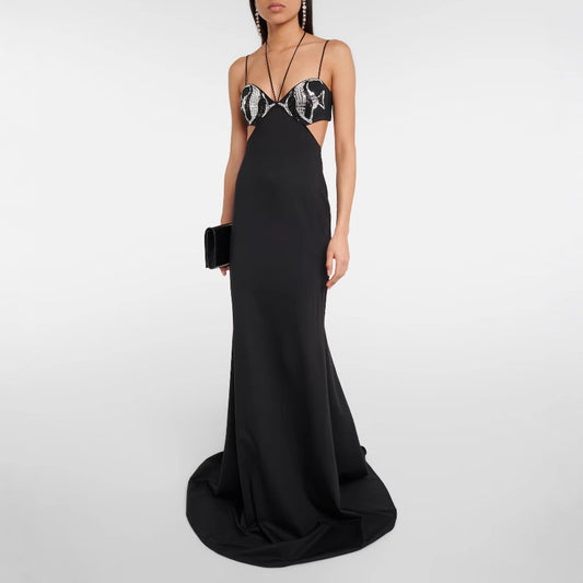 Bandage dress black diamond-encrusted evening dress women's banquet temperament light luxury niche high-end