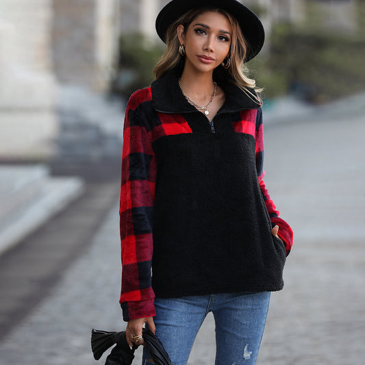 Autumn plush women's clothing half long-sleeve zipper stand collar stitching double-sided flannel plaid pullover sweater