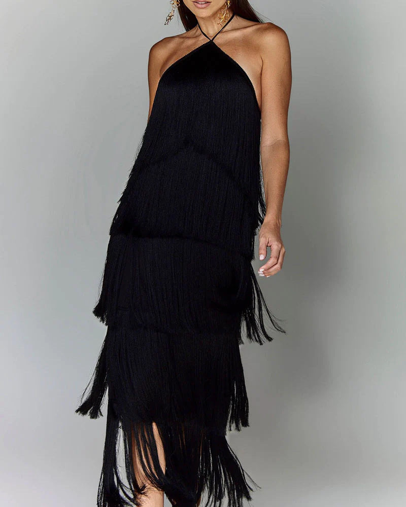 Fashion neck fringed backless slit dress