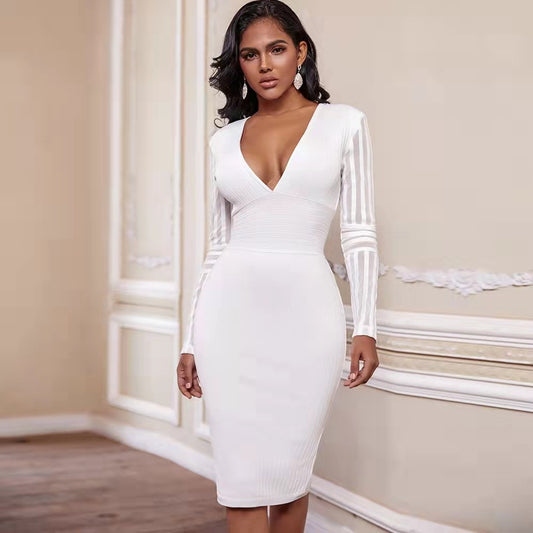 Bandage Dresses V-Neck Long Sleeve Slim-Fit Banquet Dress