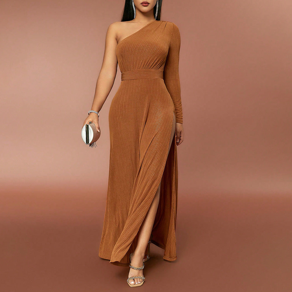 Sexy women's clothing dress slim one shoulder long sleeve split casual dress