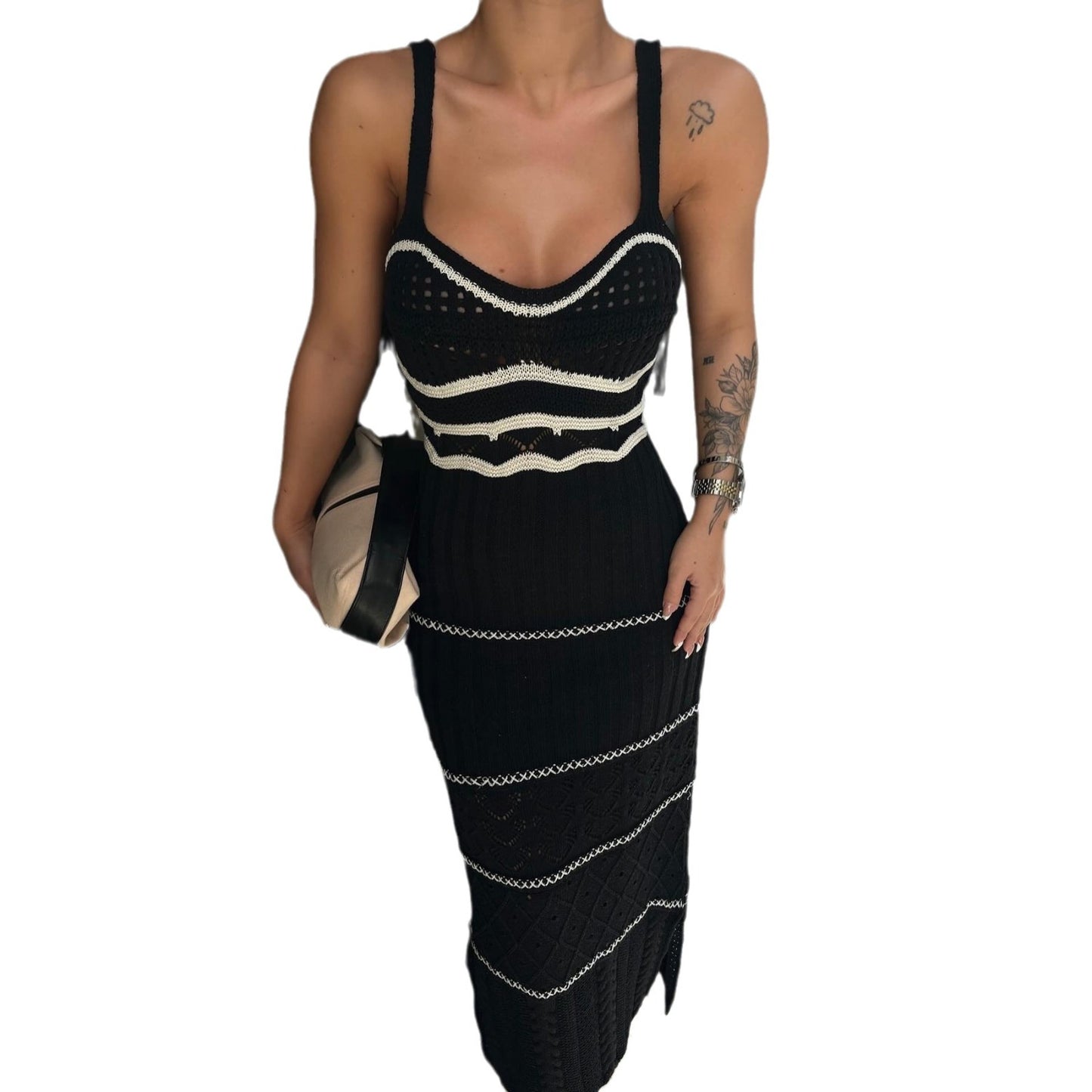 Summer Knitted Contrasting French Bohemian Suspender Dress Hollow Slim Hip Wrap Long Dress