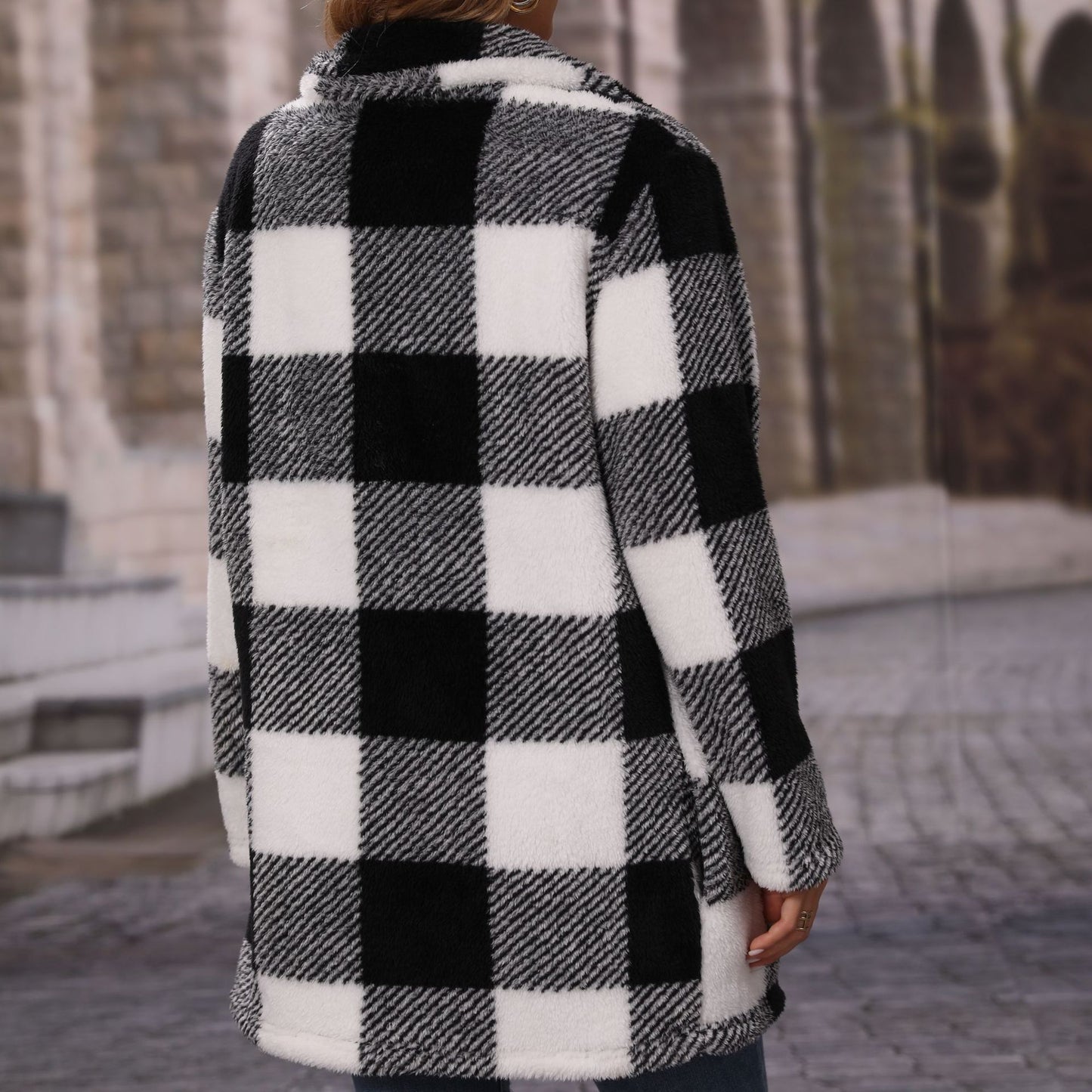 Women's autumn clothing lapel long sleeve loose plaid zipper double-sided velvet casual long coat