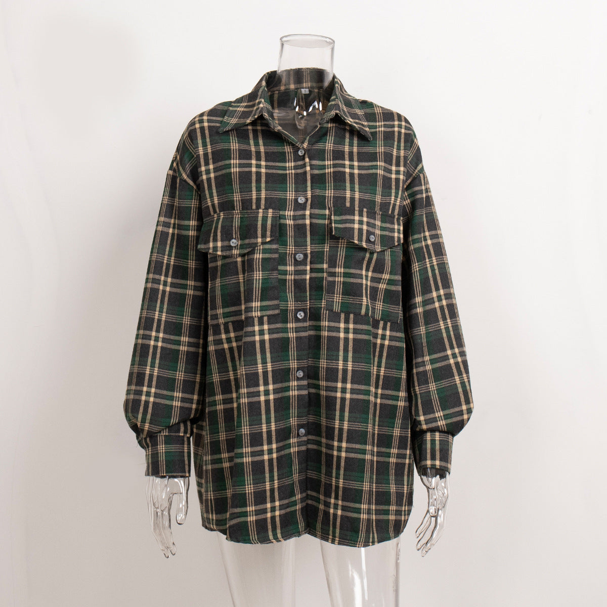Plaid Shirt women's autumn retro double pocket striped mid-length shirt