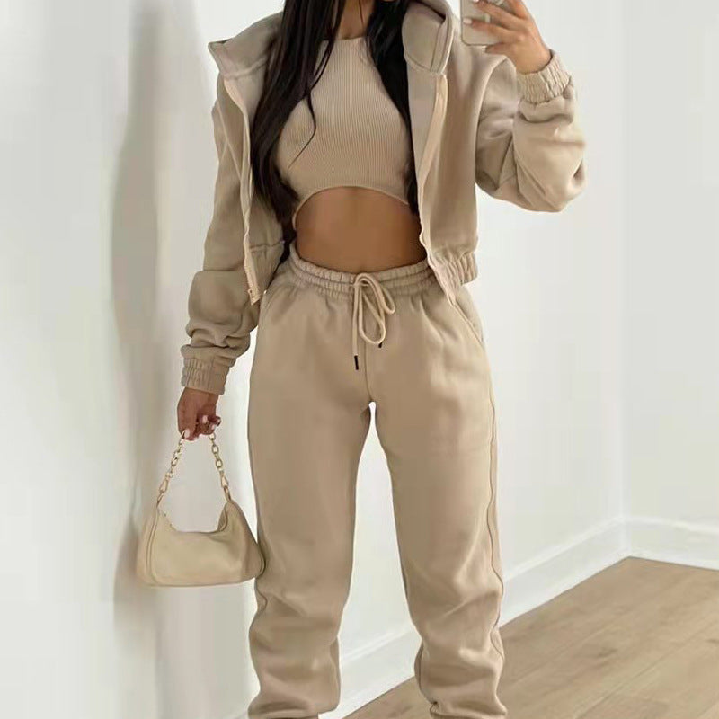Spring new women's clothing solid color simple hooded sweater sports casual trousers three-piece set