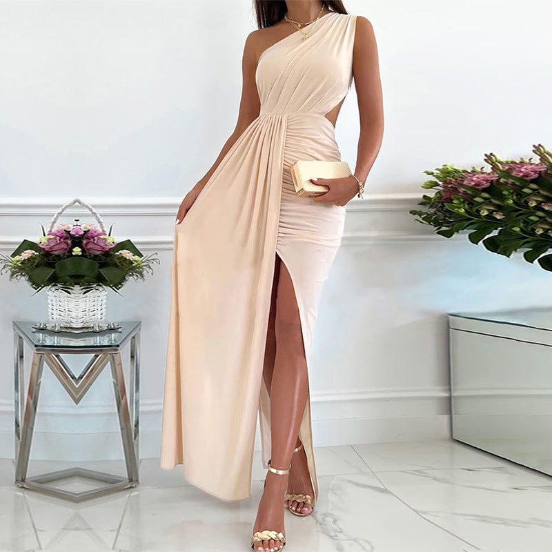 Solid color dress skirt European and American elegant style single shoulder hollow pleated split waist skirt