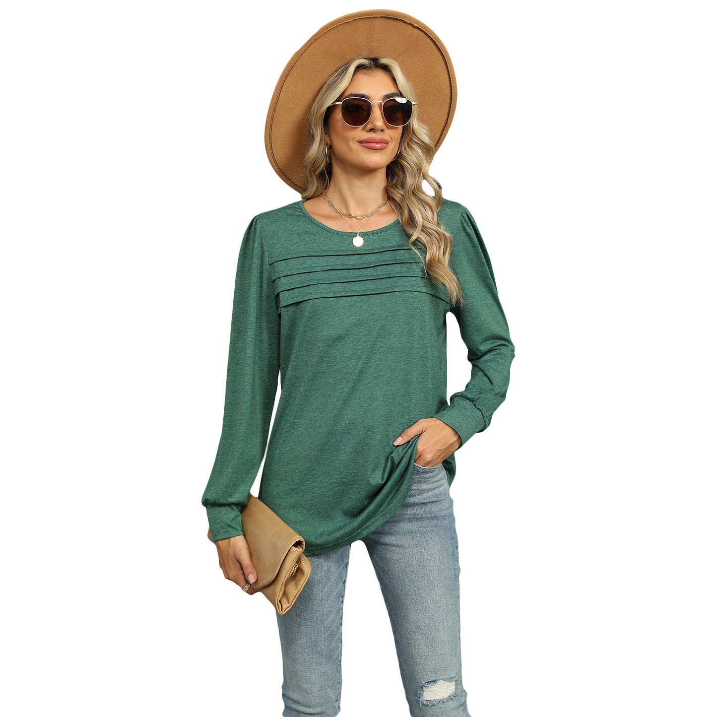 Women's autumn and winter solid color U-neck pleated long-sleeved T-shirt top