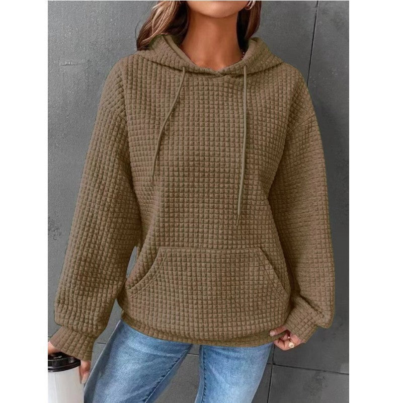 Autumn and winter women's hoodies waffle round neck long-sleeved sweater solid color top for women