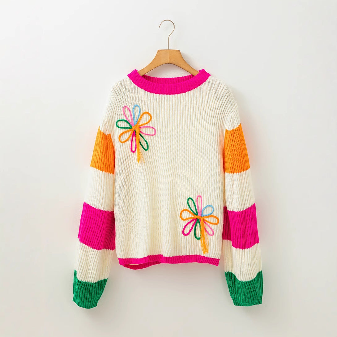Color matching crew neck pullover sweater knitted sweater