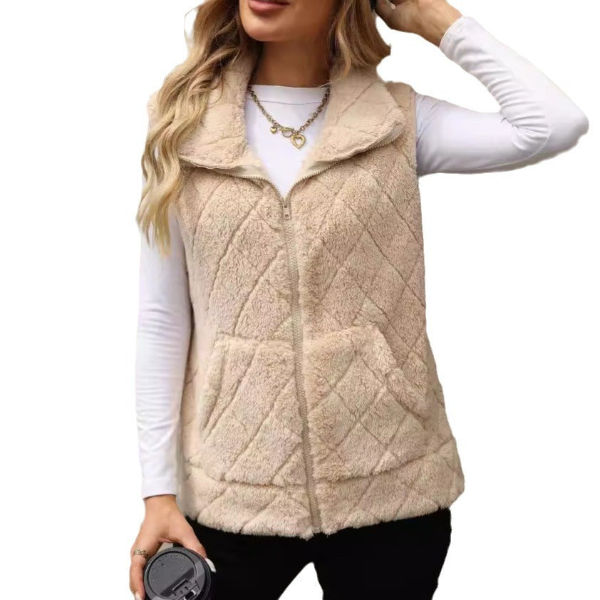 Women's clothing autumn and winter cardigan loose zip diamond lattice coat plush vest（2025）