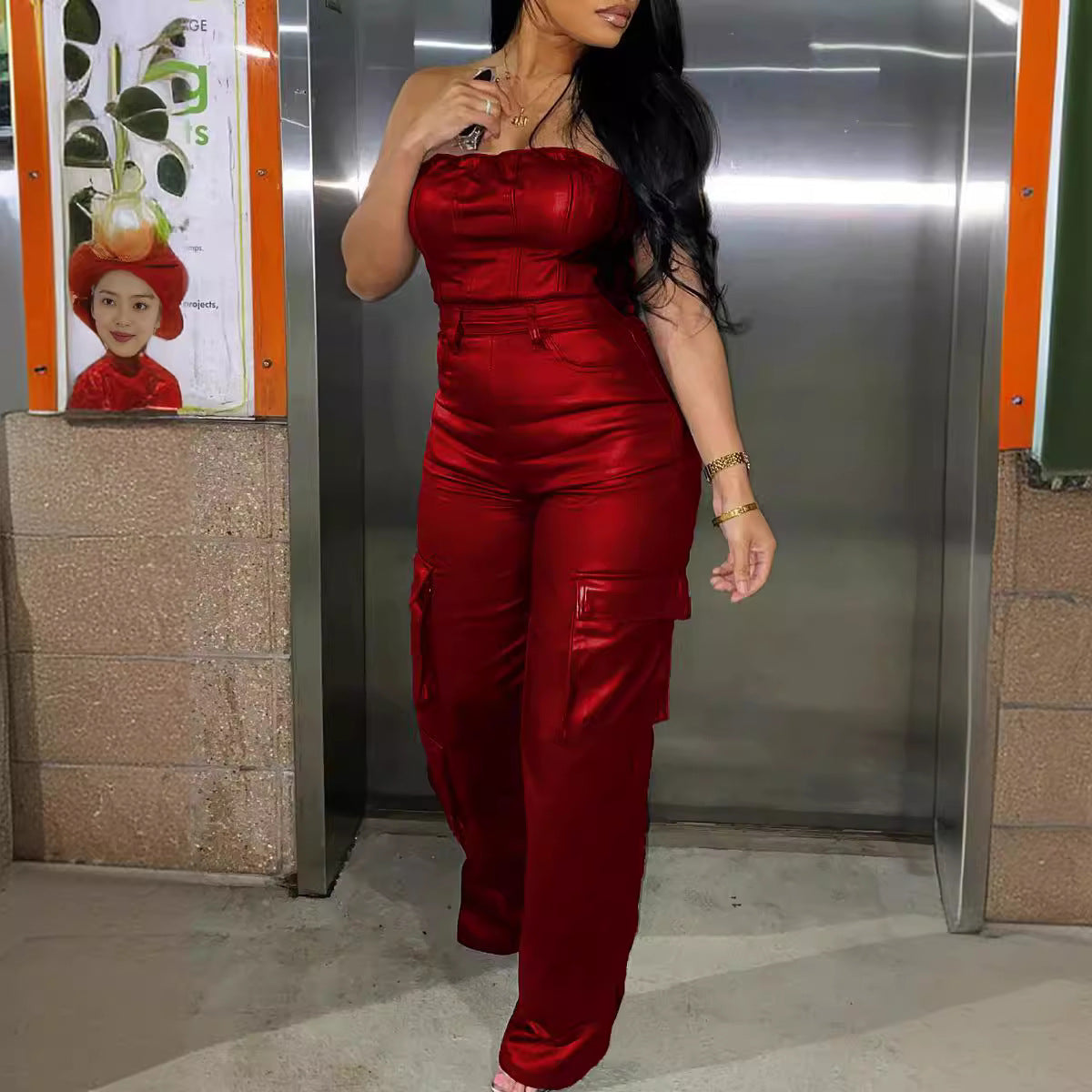 Sexy off-the-shoulder tube top tight-fitting waist PU leather jumpsuit