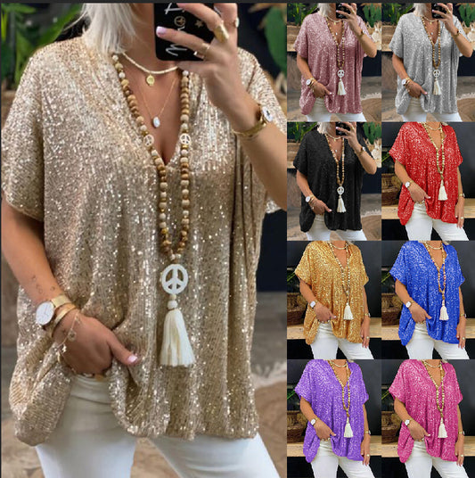 New short-sleeved urban casual color loose pullover sequined V-neck T-shirt top women's clothing