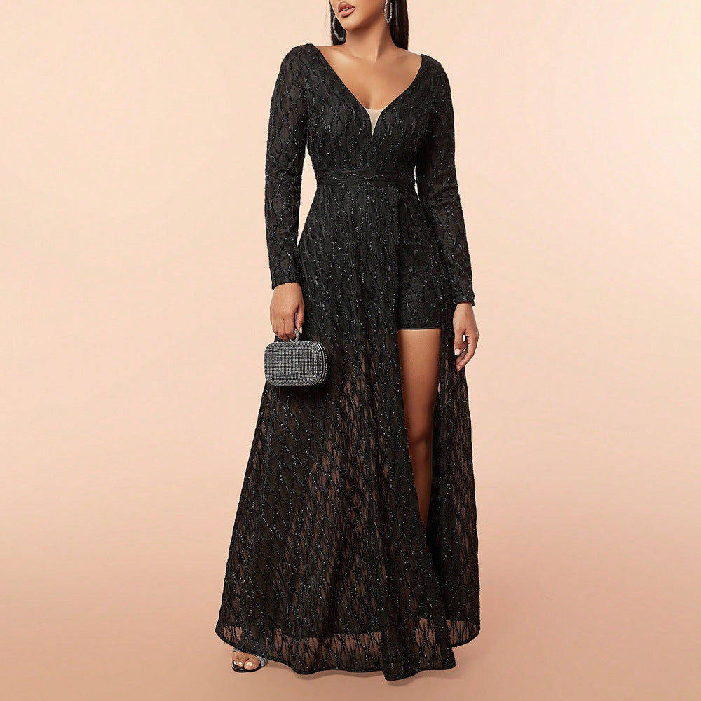 Elegant style dress deep V mesh sequins long sleeve long formal dress