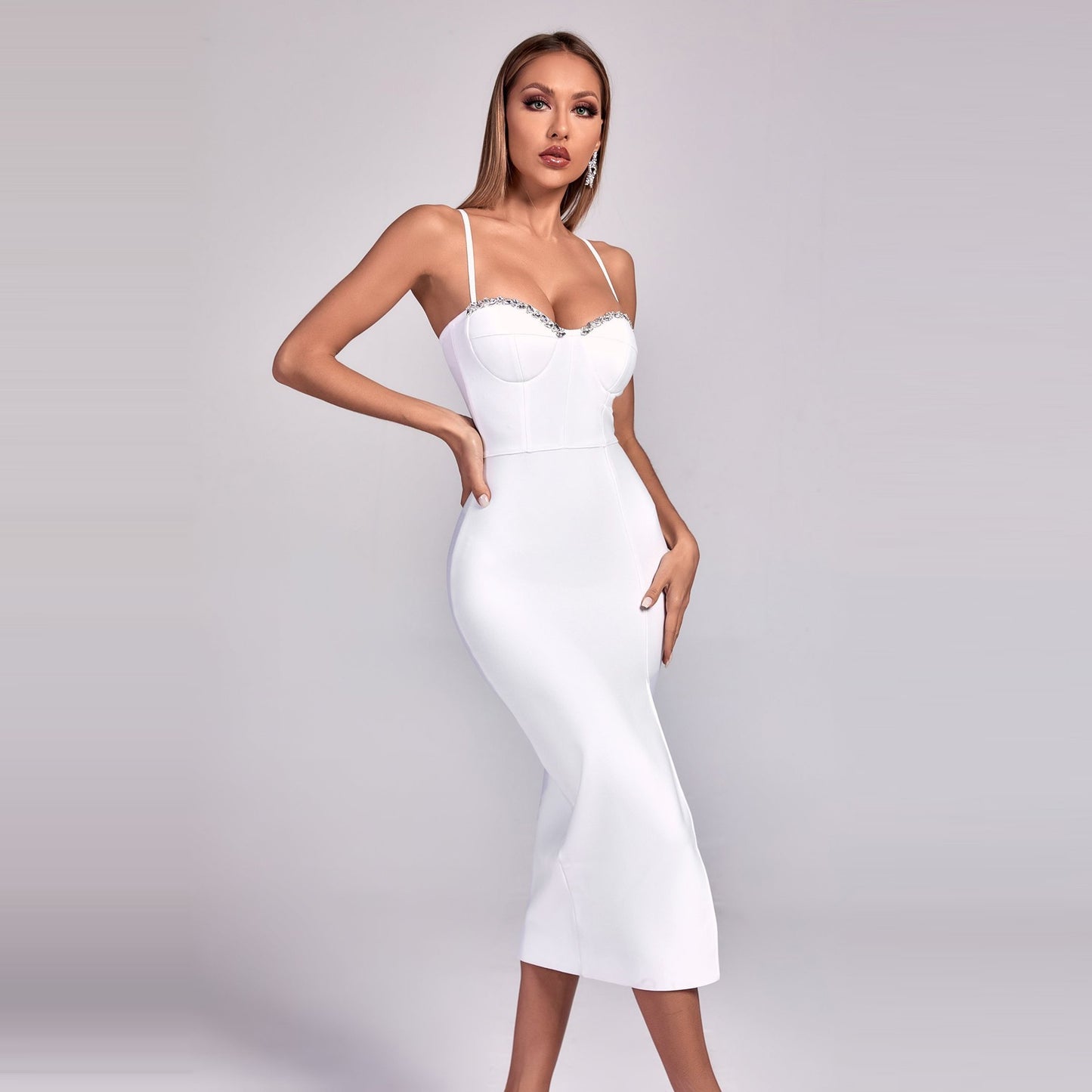 Strap Rhinestone Split Bandage Dress Sexy Evening Dress