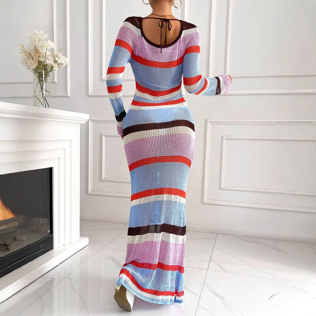 Colorful contrast color off-neck lace-up cutout backless beach long sleeve knitted striped holiday dress without inner wear