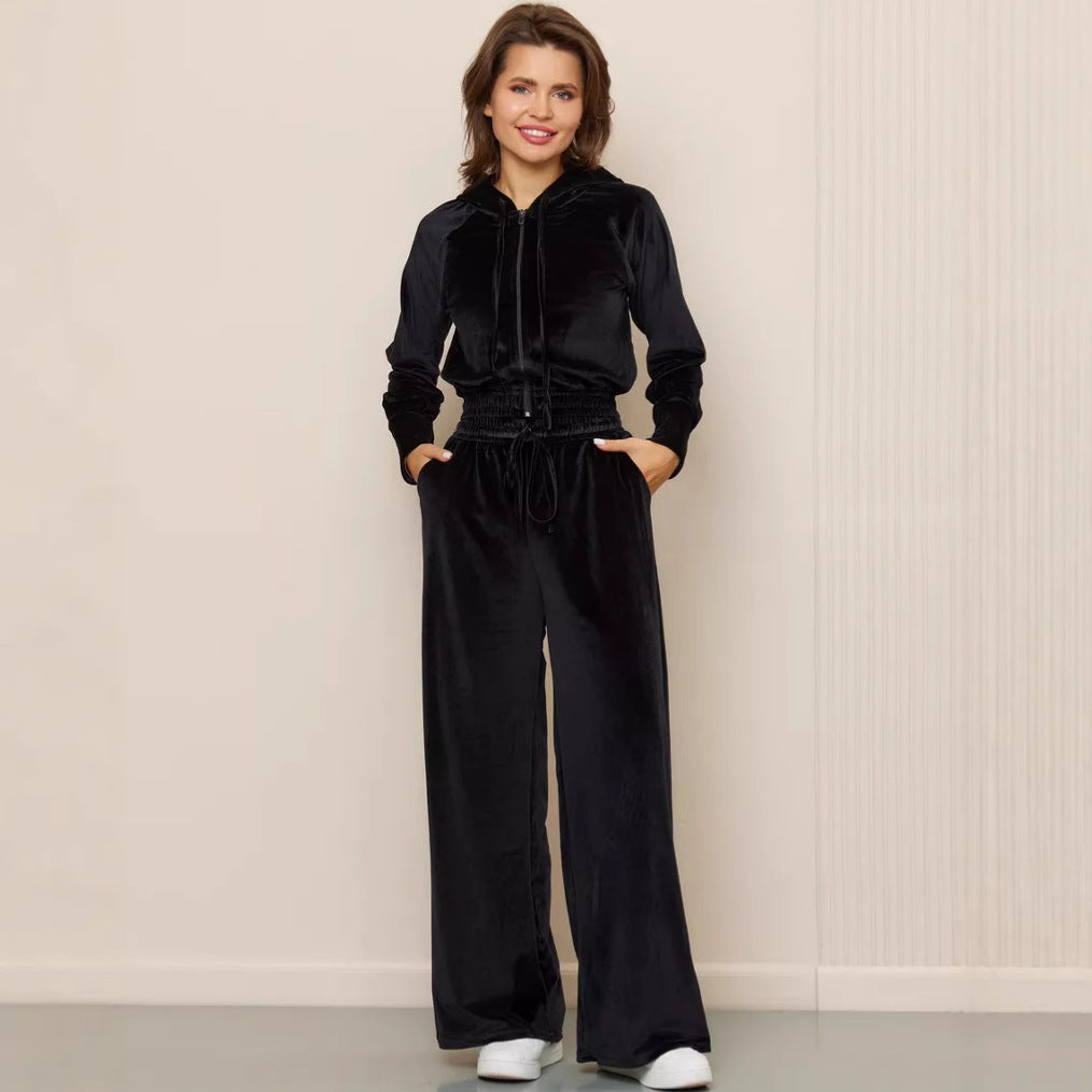 Fashion casual women's solid color zipper cardigan Silver Fox velvet sweater laced pants two-piece set