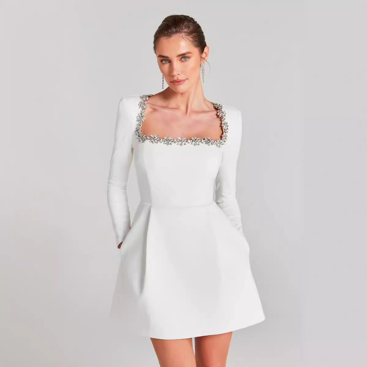 White Square Neck Diamond Studded Long Sleeved Bandage Dress