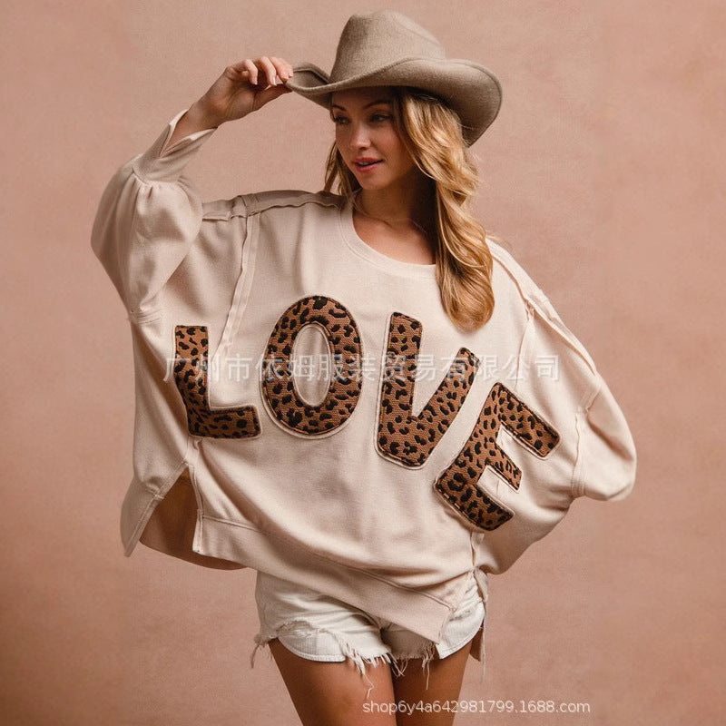 Spring new women's clothing letter embroidered splicing sweater loose casual top