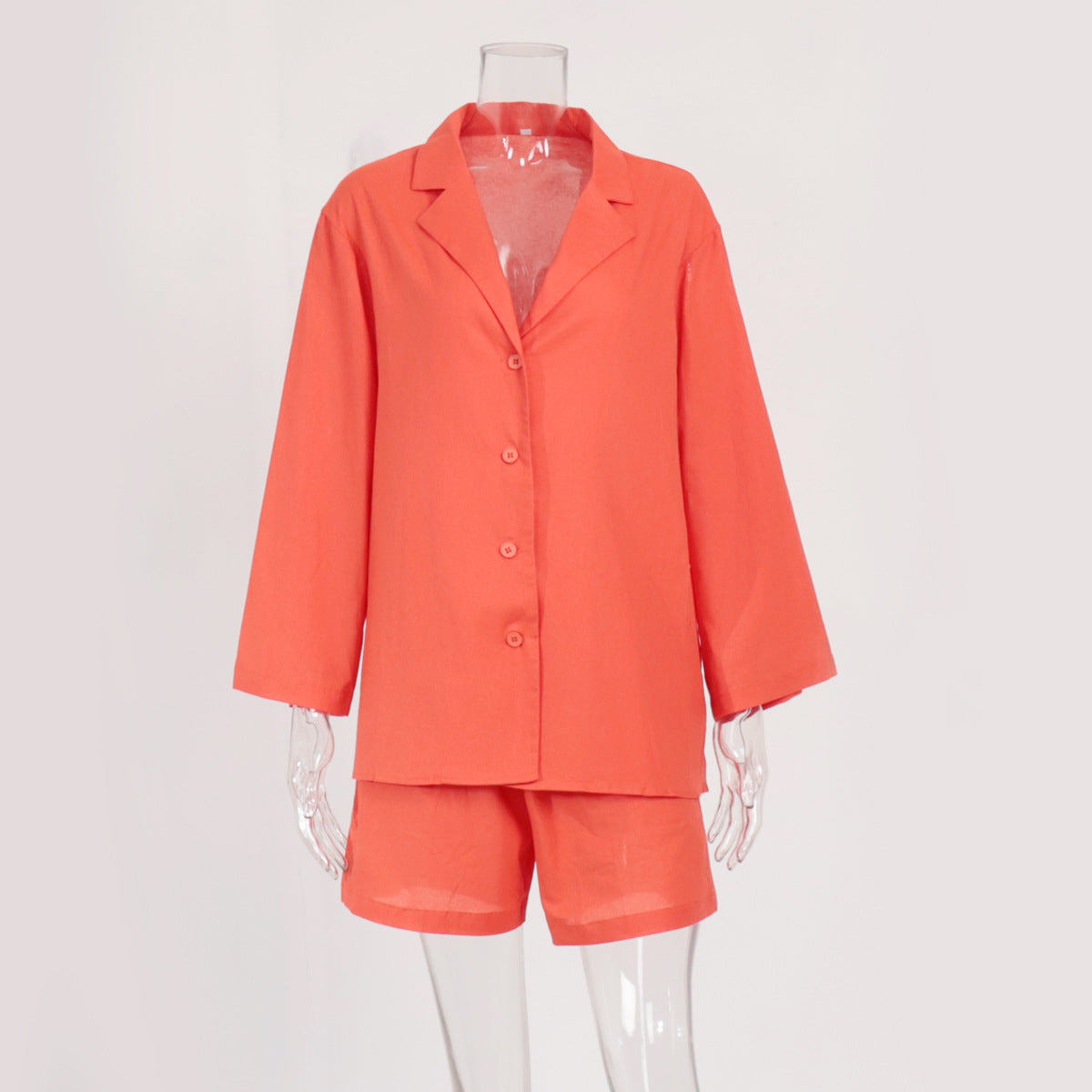 Cotton shorts suit women's lapel loose single-breasted Shirt high waist straight pants two-piece set