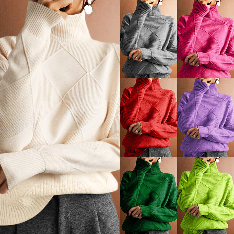 Autumn and winter casual versatile knitted sweater, loose turtleneck solid color knitted pullover