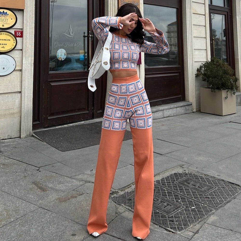 Autumn and Winter ethnic style printed grid long sleeve short top high waist straight-leg pants suit