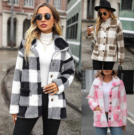 Autumn and winter women's lapel long sleeve mid-length Plaid single-breasted double-sided velvet casual jacket