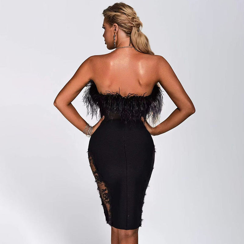 Tube Top Feather Lace Hollow Mesh Skinny Sheath Bandage Dress