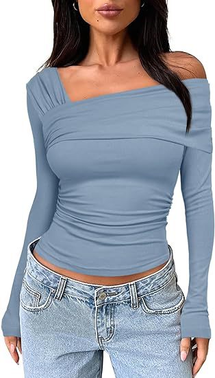 2024 spring and autumn Women's One shoulder long-sleeved top pleated out slim y2g T-shirt