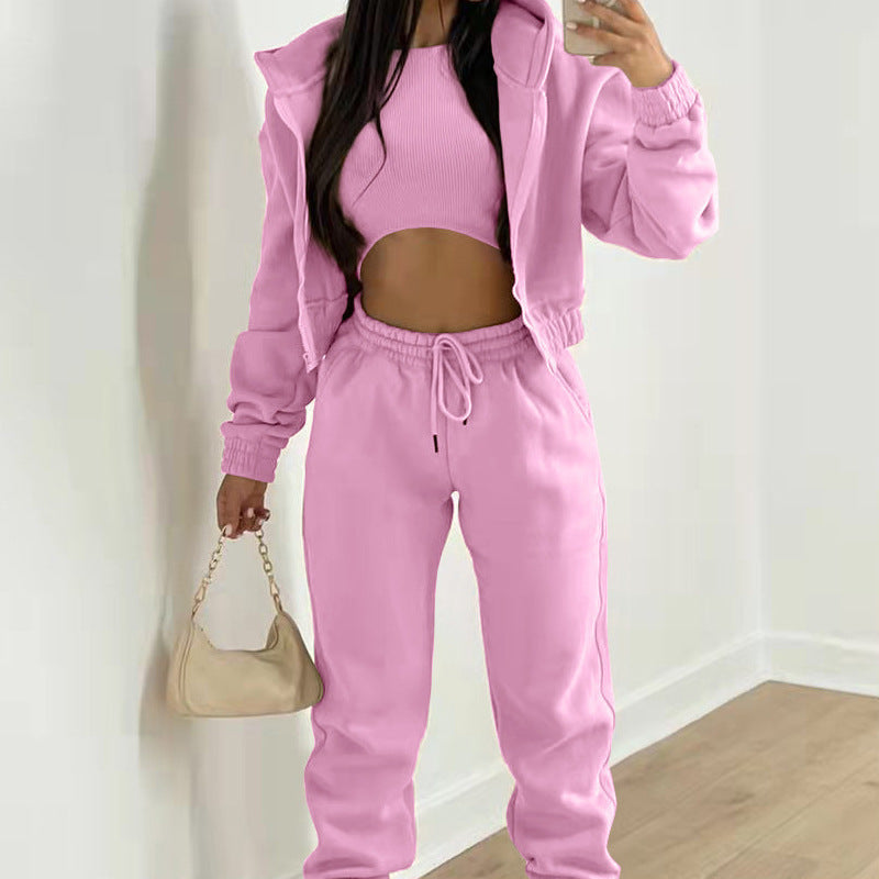 Spring new women's clothing solid color simple hooded sweater sports casual trousers three-piece set