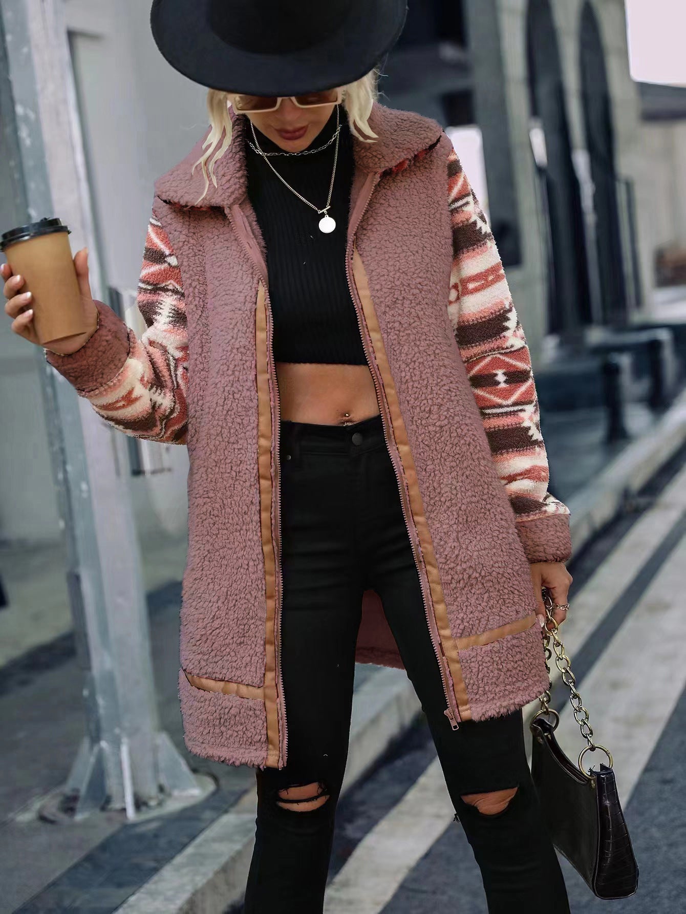 Women's cardigan particle color matching printing lapel long stitching zipper plush coat