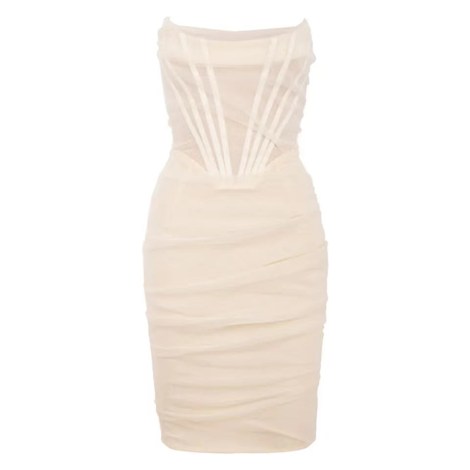 Simple Classic Stitching Tube Top Slim Mesh Bandage Dress