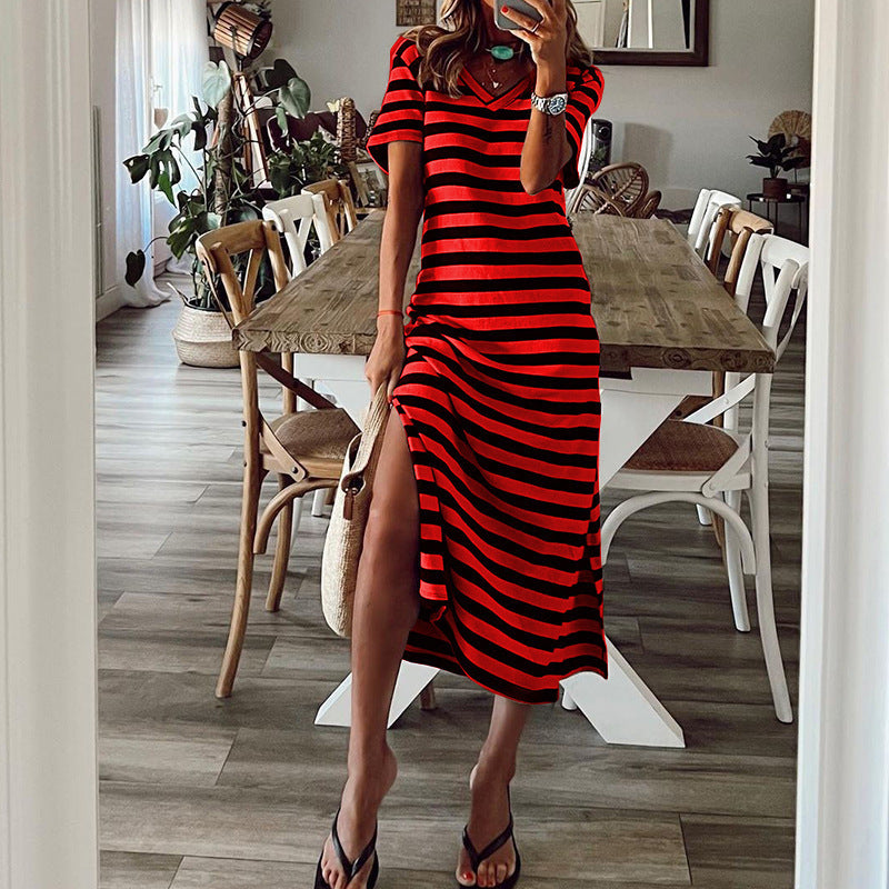 Spring plus size striped printed dress  loose hem skirt