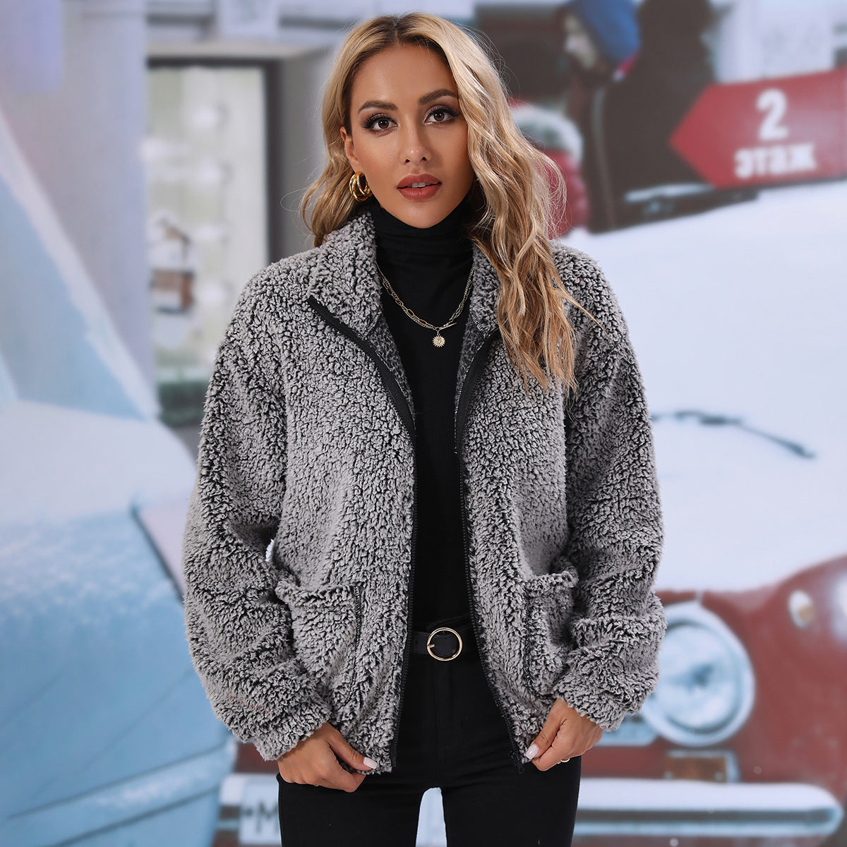 Women's autumn clothing lapel long sleeve zipper double-sided bubble velvet loose casual jacket